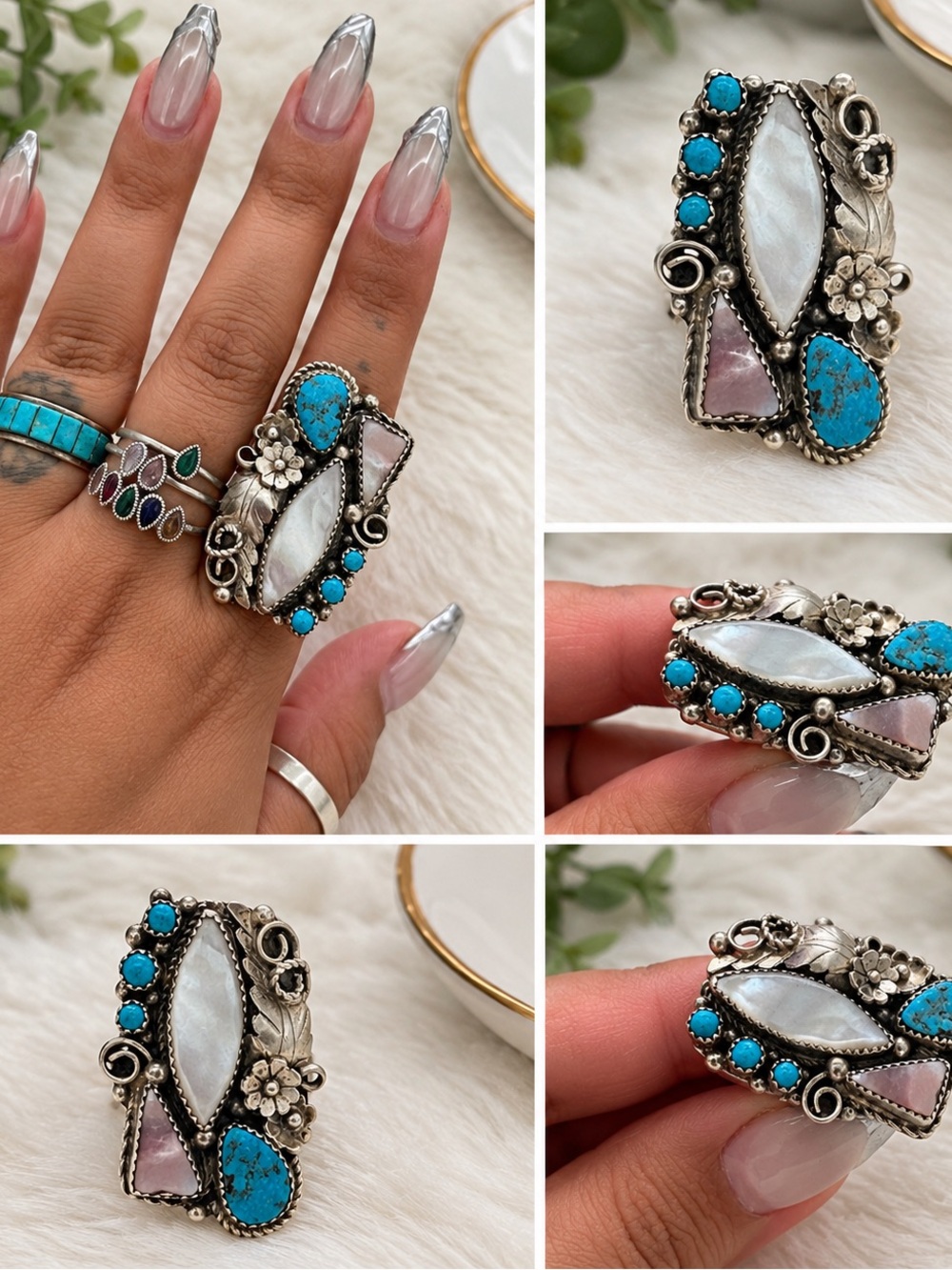 Turquoise & Mother of Pearl Statement Ring - Women Jewelry
